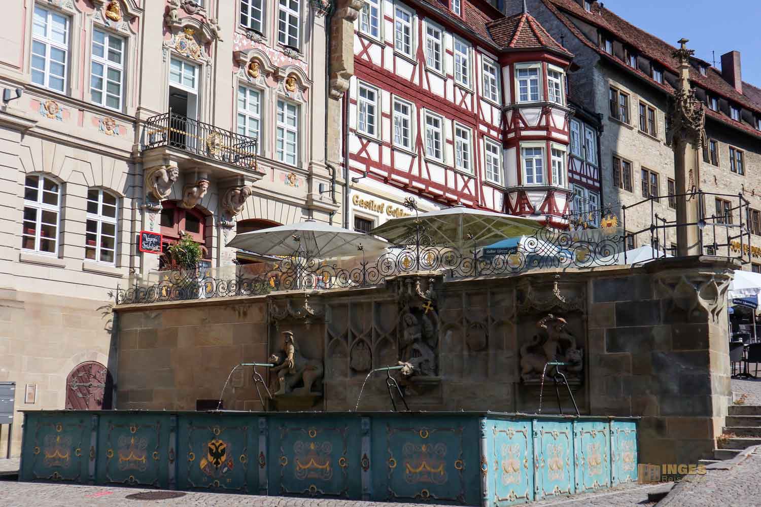 Markt- und Fischbrunnen auf dem Marktplatz Schwäbisch Hall